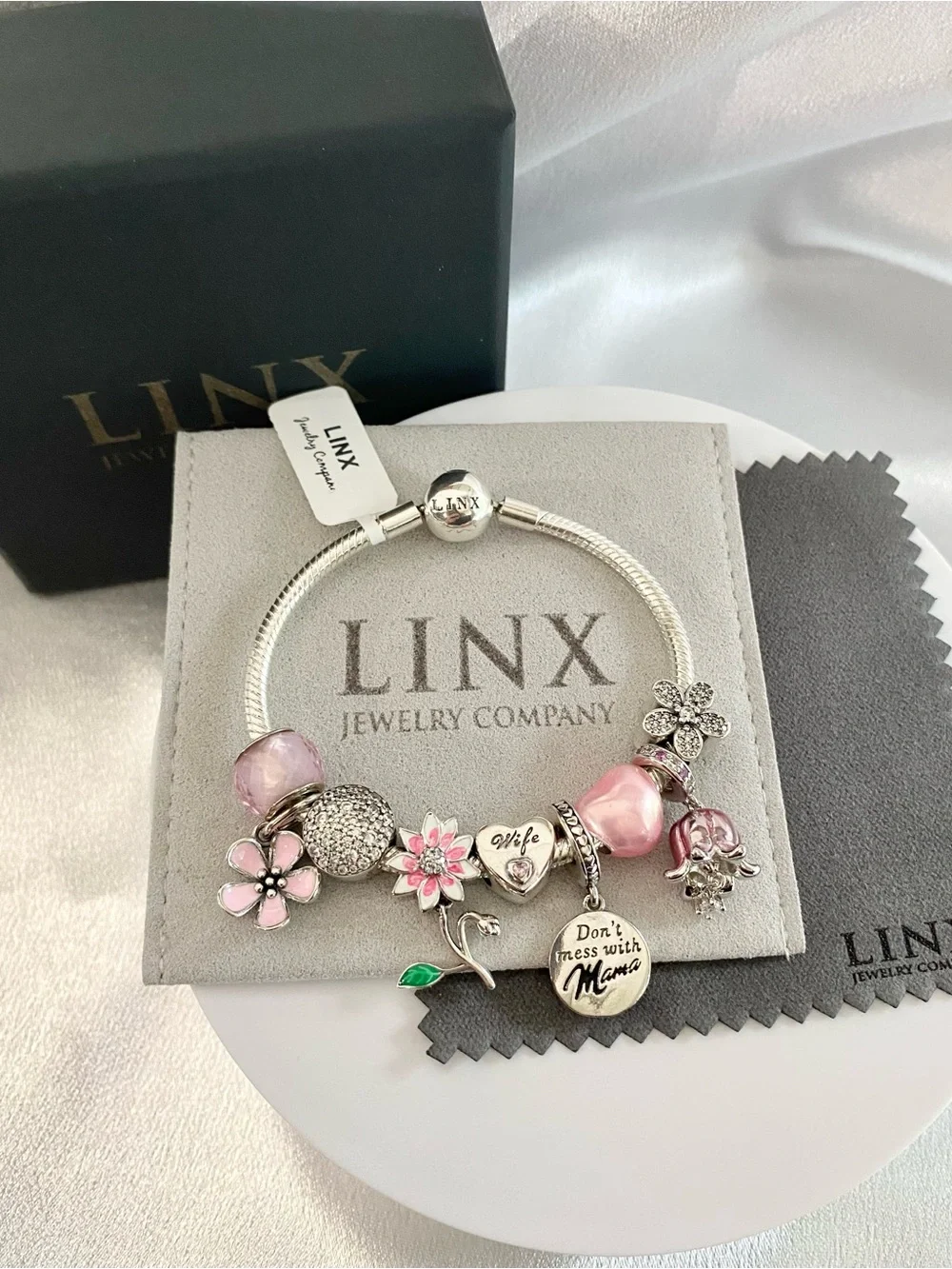 Linx Snake Chain Bracelet with Wife and Mom Themed Charms